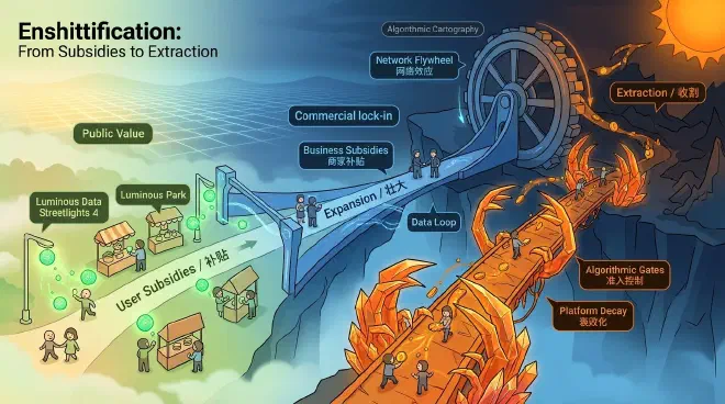 A three-stage platform transformation from generous subsidies to locked gates and extraction tolls.
