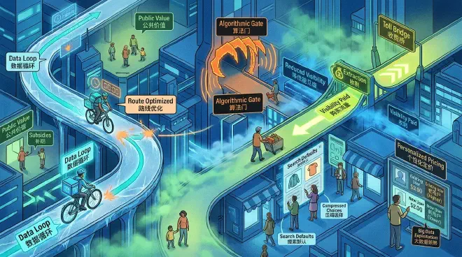 Workers, merchants, and consumers redirected by subtle algorithmic signals in a digital city.