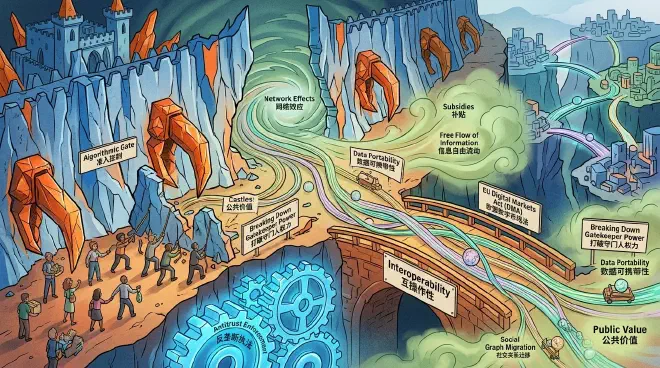 Interoperable bridges opening between walled digital platforms under public rules.