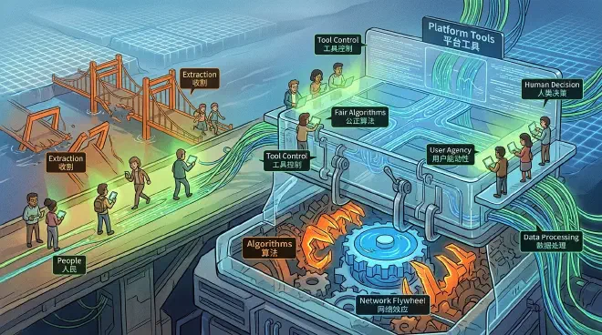 People using a transparent platform control panel while keeping algorithms subordinate to human judgment.