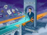 An editorial illustration of a professional inside a chaotic business storm, compressing floating contracts, data, customer signals, and team goals into a clear roadmap and a steady beam of light.