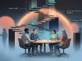 An editorial illustration of several people in conversation, with a subtle social ladder, lines of attention, and a warm halo of cooperation floating above the table.