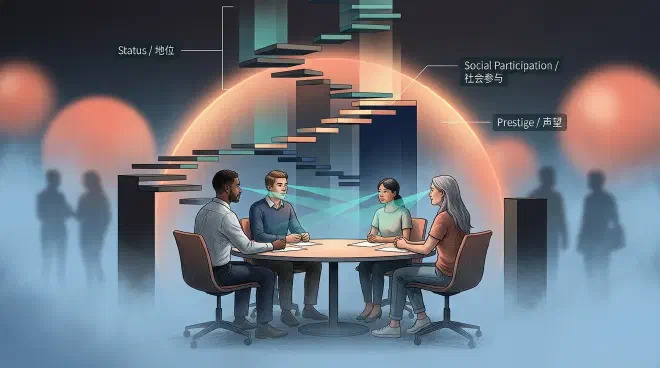 An editorial illustration of several people in conversation, with a subtle social ladder, lines of attention, and a warm halo of cooperation floating above the table.