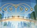 A transparent bridge in a modern city with floating nodes for handshake, dialogue, boundaries, repair, and shared expectations, showing li as an interface for cooperation.