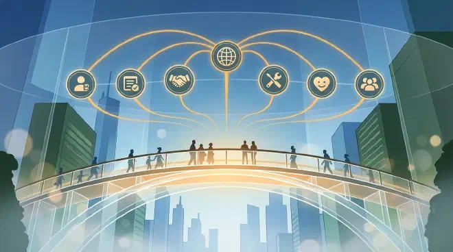 A transparent bridge in a modern city with floating nodes for handshake, dialogue, boundaries, repair, and shared expectations, showing li as an interface for cooperation.