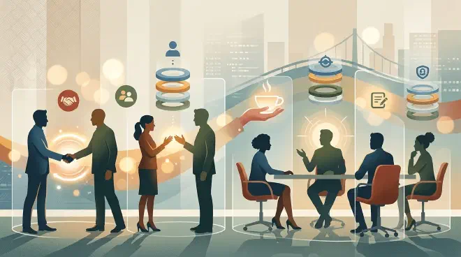 A first business meeting becomes predictable through introductions, handshake, seating, tea, and calm speaking turns, with soft confirmation signals flowing between people.