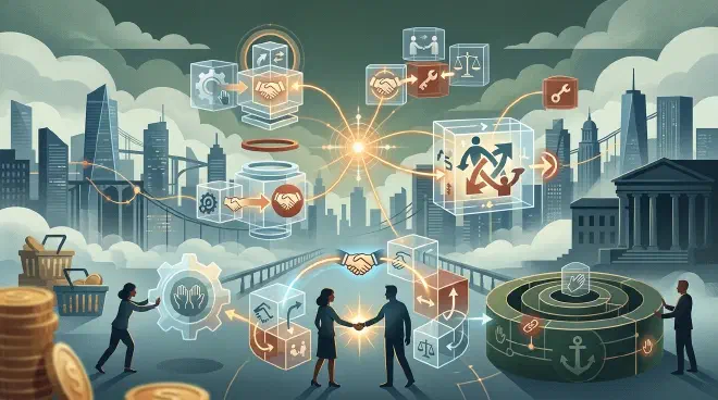 Abstract social values become executable actions, with market exchange and legal enforcement at the edges and a warm social protocol layer between them.
