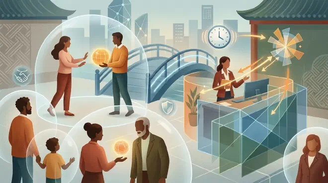 Equal people in modern offices, chats, and public spaces are gently protected by boundary lines for privacy, consent, attribution, transparency, and dignity.