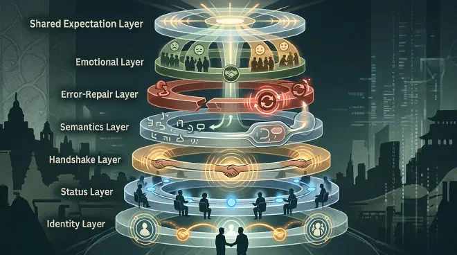 Li appears as a seven-layer social protocol stack, with identity, status, handshake, semantics, repair, emotion, and shared expectation represented by icons without labels.
