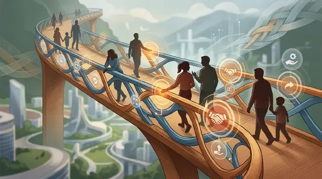 Warm handrails on a narrow bridge in a modern city help strangers, colleagues, and family members cross together without defensiveness.