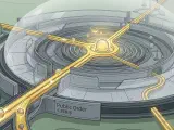 A modern artistic depiction showing the balance between externality and coercion. A structure of precise transparent tracks and protective containment shields safely captures gray bubbles representing negative externality and converts them into glowing golden energy flows, demonstrating public order and harmony achieved through systemic coercion, in warm, premium tones.