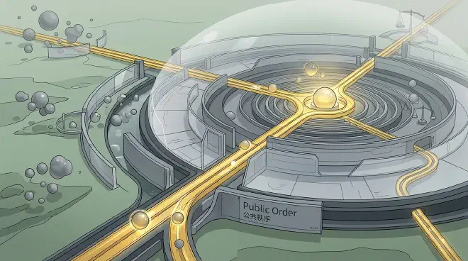 A modern artistic depiction showing the balance between externality and coercion. A structure of precise transparent tracks and protective containment shields safely captures gray bubbles representing negative externality and converts them into glowing golden energy flows, demonstrating public order and harmony achieved through systemic coercion, in warm, premium tones.