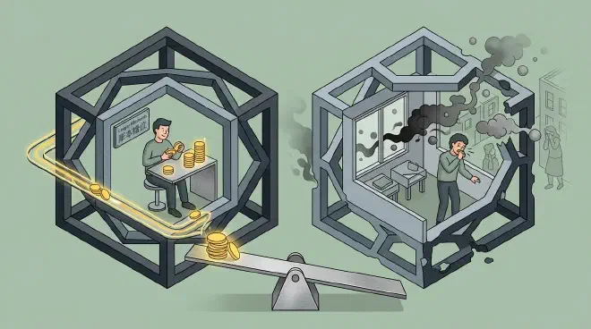 Two side-by-side ledgers: on the private ledger, a person happily counts coins; on the social ledger, black smoke drifts over and pollutes neighbors, representing the negative externality caused by a mismatch between private and social ledgers.