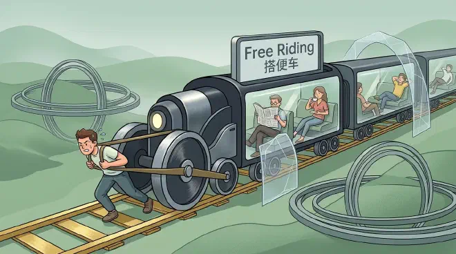 An abstract train: one passenger at the front is sweating while pulling the wheels to move the train forward, while other passengers in the back are relaxing, reading newspapers, and drinking tea, illustrating the "free rider" phenomenon in collective action.