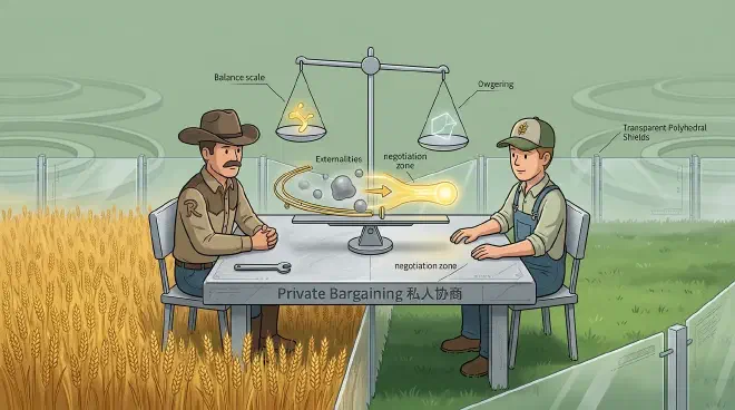 A boundary between a wheat field and a pasture: a cattle rancher and a wheat farmer sit at a negotiation table amicably discussing compensation, with a clear, transparent property fence in the background representing clear property rights and free negotiation in the Coase Theorem.