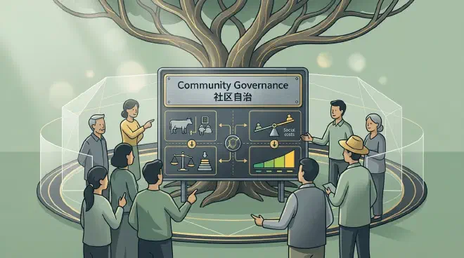 A community meeting under a large tree: villagers gather to discuss rules, with a wooden sign at the center showing local icons of cattle numbers and pasture carrying capacity, representing Ostrom&rsquo;s community self-governance and internal monitoring rules.