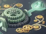 A mechanical model of gears and tracks representing incentive compatibility, where individual gear movements naturally drive the system forward, rendered in a modern color palette showing order and harmony.