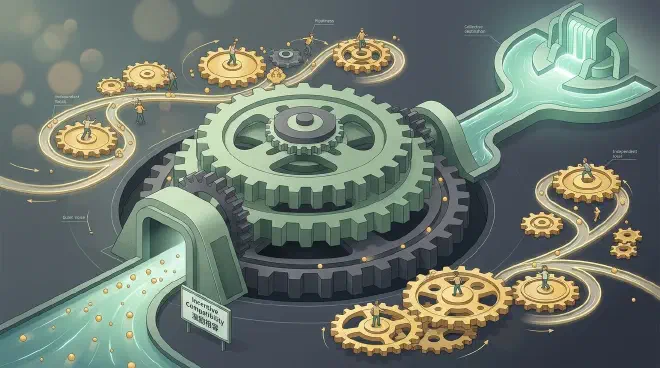 A mechanical model of gears and tracks representing incentive compatibility, where individual gear movements naturally drive the system forward, rendered in a modern color palette showing order and harmony.