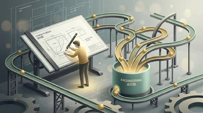 A metaphorical scene of mechanism design: an engineer drawing blueprints for a labyrinth-like track system where individual items, driven by their own gravity or attraction, automatically slide toward a shared exit, showing the design beauty of the &ldquo;inverse problem.&rdquo;