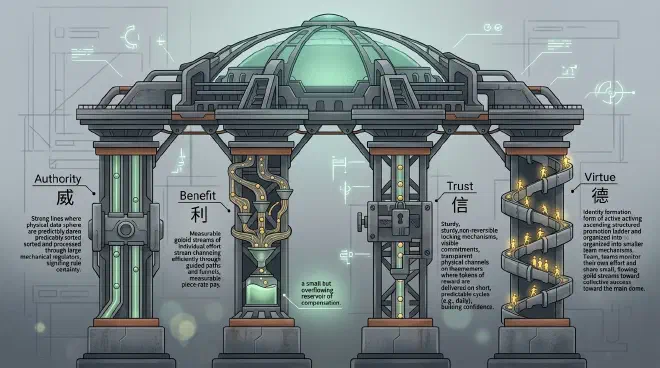 Four interconnected modern pillars supporting a factory dome, labeled respectively as "Authority," "Benefit," "Trust," and "Virtue." Clean lines, blending warm and neutral tones, symbolizing the scientific foundations of industrial order.