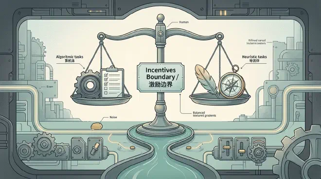 An exquisite antique balance scale. On the left pan sits a heavy iron gear and a checklist representing "algorithmic tasks" (like food delivery, assembly lines). On the right pan sits a feather and a compass representing "heuristic tasks" (like academic papers, scientific research). Renders in neutral, elegant colors, highlighting the boundary of incentives.