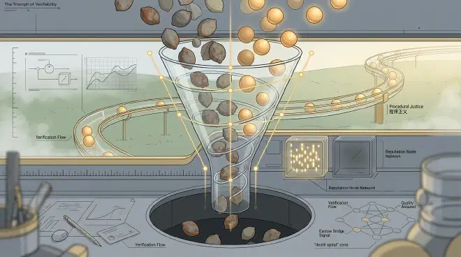 A modern artistic representation of the lemon market and procedural justice. Inside an inverted glass spiral funnel, dim, rusty components leak out from the bottom, while bright, warm golden components are filtered, sorted, and smoothly outputted along transparent tracks, rendered in premium neutral colors with a futuristic, clean structure.