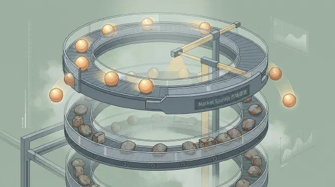 A downward spiral conveyor belt metaphor: high-quality golden gears on the upper levels roll off the edge and exit the market, leaving only a large number of dim, rusty, and oddly shaped lemon-like metal blocks on the lower levels, representing the Gresham&rsquo;s law process of the &ldquo;death spiral.&rdquo;