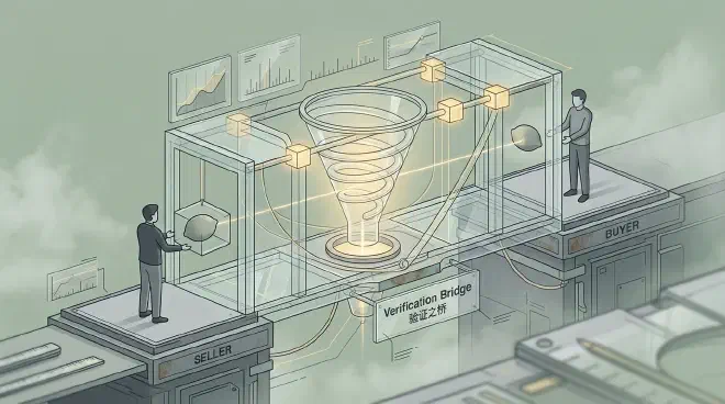 An abstract modern bridge of trust: a buyer and a seller exchange items through a double-verification device emitting a soft golden glow at the center of the bridge, surrounded by transparent shields and streams of information nodes, highlighting the rule-based beauty of escrow transactions.