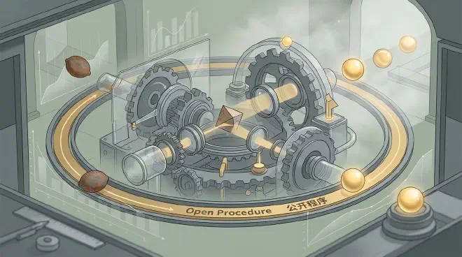 A transparently operating trial and screening mechanism: lenses and scanning beams representing procedural rules sweep across geometric entities one by one, revealing their internal properties, with a golden return track representing the appeal channel on the periphery, showing procedural neutrality and transparency.