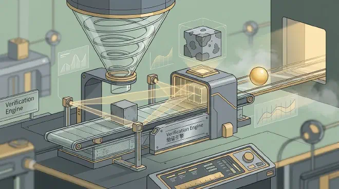 A modern laboratory-style testing machine: as a test object (an abstract cube) passes through the scanner, it projects a 3D holographic map of its true internal structure (representing data and facts), making quality clear at a glance, highlighting the scientific sense of verifiability.