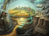 A metaphorical image depicting the evolution of government: a shadowy figure resembling a bandit gradually transforms into a structured, authoritative state entity (a 'Leviathan'), overlooking fertile grain fields and a transition from chaotic conflict to an organized society. The imagery suggests the transformation of 'protection fees' into 'taxes' and 'coercion' into a 'social contract'.