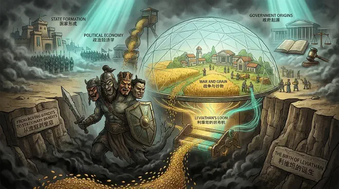 A metaphorical image depicting the evolution of government: a shadowy figure resembling a bandit gradually transforms into a structured, authoritative state entity (a 'Leviathan'), overlooking fertile grain fields and a transition from chaotic conflict to an organized society. The imagery suggests the transformation of 'protection fees' into 'taxes' and 'coercion' into a 'social contract'.