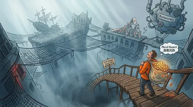 A visual metaphor showing a person confidently walking on a tightrope without looking down, while an oversized, visible safety net below them distorts the sense of risk and responsibility. The net could be a metaphorical "hand" or "state" ready to catch them, implying endless bailouts.