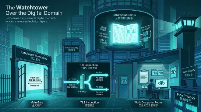 A stylized illustration depicting layers of digital visibility and surveillance, with abstract representations of network traffic, computer screens showing faint activity traces, and subtle, almost invisible watermarks. The image conveys the concept of companies monitoring employee digital footprints across different technical layers (network, endpoint, behavioral) without necessarily seeing explicit content, highlighting the distinction between 'traces' and 'content'.