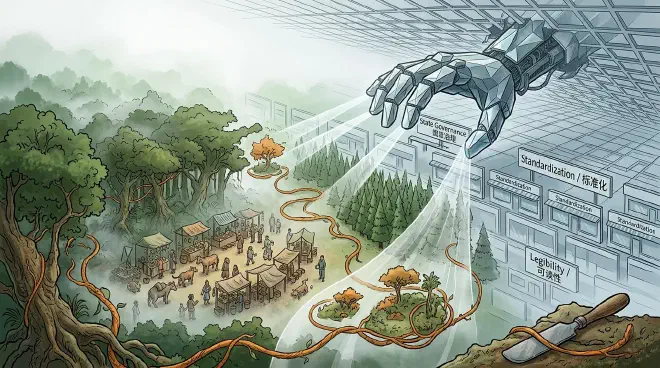 A conceptual image contrasting two scenes: one side shows a rigid, uniform landscape of identical trees planted in neat rows or a street with identical shop signs, symbolizing state-imposed legibility and standardization. The other side depicts a vibrant, complex, and diverse natural forest or a bustling, unique marketplace, representing the organic complexity and 'mētis' that systems often diminish. A subtle visual element, like a resilient vine or an adaptive animal, bridges or highlights the tension between systemic order and inherent wisdom.