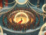 An intricate, reflective labyrinth or 'hall of mirrors' where countless individuals stand, each observing not only a central figure or event but also the reflection of every other person observing it. The image visually represents common knowledge as a powerful, self-reinforcing social force that synchronizes collective perception and action, highlighting the 'divine tool' for mass obedience.