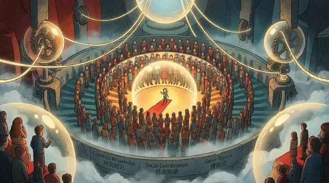 An intricate, reflective labyrinth or 'hall of mirrors' where countless individuals stand, each observing not only a central figure or event but also the reflection of every other person observing it. The image visually represents common knowledge as a powerful, self-reinforcing social force that synchronizes collective perception and action, highlighting the 'divine tool' for mass obedience.