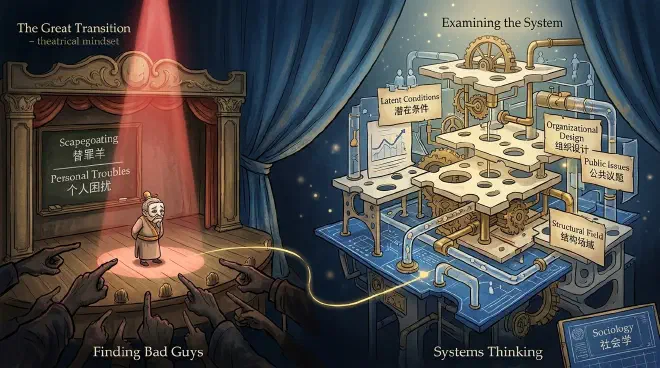 A conceptual image depicting a shift in perspective: one side shows a single individual isolated and spotlighted, with multiple fingers pointing as if in blame (representing 'finding bad guys'); the other side reveals a complex, interwoven network of gears, policies, and human connections, illustrating a systemic view where no single element is solely responsible (representing 'examining the system').