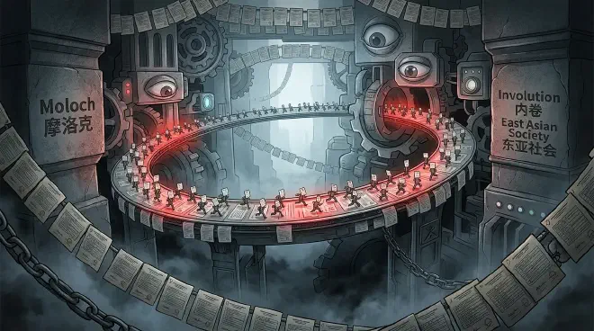 A stark, metaphorical image depicting Moloch: a colossal, cold, and intricate machine with countless tiny human figures trapped on a single, endless, circular track, running relentlessly. The scene evokes a sense of intense, unproductive competition and systemic entrapment within East Asian societies, symbolizing the 'involution' phenomenon where individual efforts lead to collective stagnation.