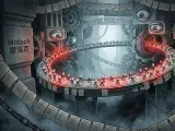 A stark, metaphorical image depicting Moloch: a colossal, cold, and intricate machine with countless tiny human figures trapped on a single, endless, circular track, running relentlessly. The scene evokes a sense of intense, unproductive competition and systemic entrapment within East Asian societies, symbolizing the 'involution' phenomenon where individual efforts lead to collective stagnation.