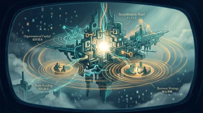 A metaphorical image showing several distinct, glowing geometric shapes (representing individuals or talents) initially separate, then seamlessly interlocking to form a larger, complex, and dynamic structure. This visualizes the concept of organizational capital, where effective collaboration and synergy make the whole greater than the sum of its parts, achieving 1+1 > 2, in contrast to the failure of merely pooling resources.