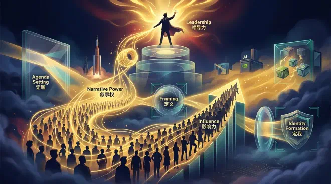 A commanding figure, perhaps on a stage, with a luminous aura or energy field emanating from them, drawing in a large, diverse crowd whose faces show awe and conviction. The visual metaphor illustrates "narrative power" as a spell that transforms individual judgments into collective action and belief.