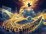 A commanding figure, perhaps on a stage, with a luminous aura or energy field emanating from them, drawing in a large, diverse crowd whose faces show awe and conviction. The visual metaphor illustrates "narrative power" as a spell that transforms individual judgments into collective action and belief.