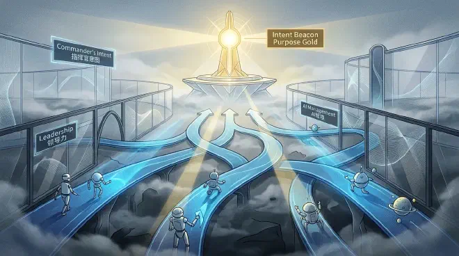 A visually compelling image depicts a strategic shift in leadership. At the top, a thoughtful leader or commander, perhaps with a holographic interface, outlines a broad vision. Below, abstract elements symbolize "Purpose" as a guiding light, "Key Tasks" as multiple flexible pathways, and "Boundaries" as transparent, limiting walls. AI agents or empowered team members are shown moving autonomously within these defined parameters, illustrating a focus on the 'why' and 'what' over the 'how,' reflecting modern management principles inspired by military "commander's intent" and AI delegation.