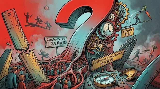 A visually striking image depicting a broken or twisted ruler, its lines and numbers warped, superimposed over a complex, organic system or a group of people appearing confused or misdirected. The ruler could be depicted as a heavy, imposing object, symbolizing the "tyranny of metrics" that distorts true objectives and leads to unintended consequences in management and decision-making. The background might hint at a digital or corporate environment.