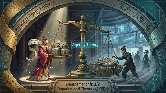 A visually metaphorical image depicting the complex power dynamics and hidden conflicts within an organization, perhaps resembling an intricate chess game or a scene from a historical palace drama with individuals subtly maneuvering, illustrating the principal-agent problem where true intentions and actions are obscured.