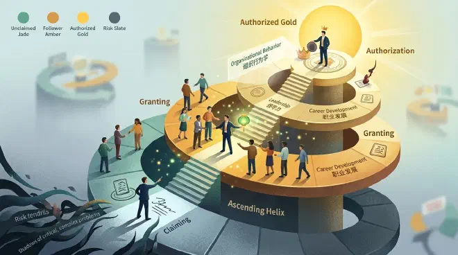 An abstract illustration depicting a figure ascending a series of interconnected platforms. The first platform represents 'claiming,' where the figure stands alone, asserting their intent. The second platform, 'granting,' shows other figures extending hands or following, signifying support. The final, highest platform, 'authorization,' features a formal symbol like a crown, a spotlight, or a corporate seal, indicating official recognition and power. This visual metaphor captures the three-stage process of leadership identity construction.