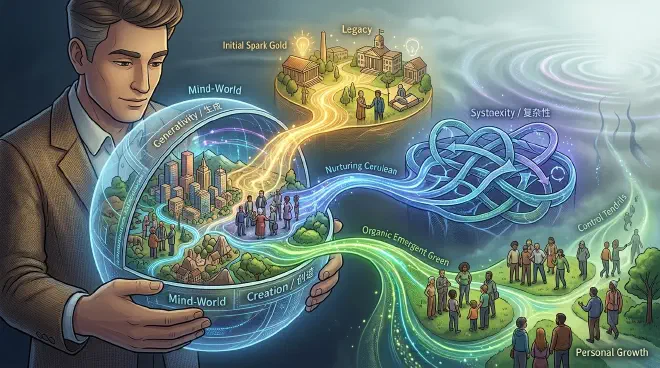 A vibrant, intricate ecosystem depicted within a translucent human silhouette, illustrating diverse elements and connections autonomously evolving from a central, initial spark. It metaphorically represents generativity and the creation of self-sustaining, complex systems that grow beyond their creator's direct control.