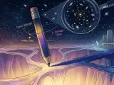 A pencil perfectly balanced on its tip, casting multiple faint shadow possibilities in different directions, but one shadow is starting to solidify and darken, illustrating the moment of symmetry breaking where initial chaos gives way to a singular, fixed destiny.