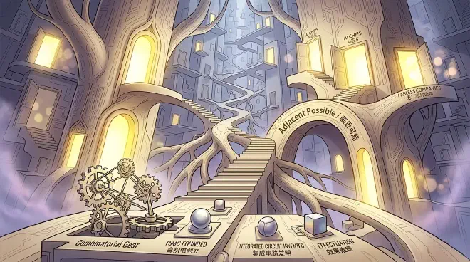 An abstract, metaphorical image depicting a series of interconnected doors or expanding pathways, some leading to new, previously unseen rooms filled with light, symbolizing the progressive realization of "the adjacent possible" and the emergence of new opportunities from existing ones.